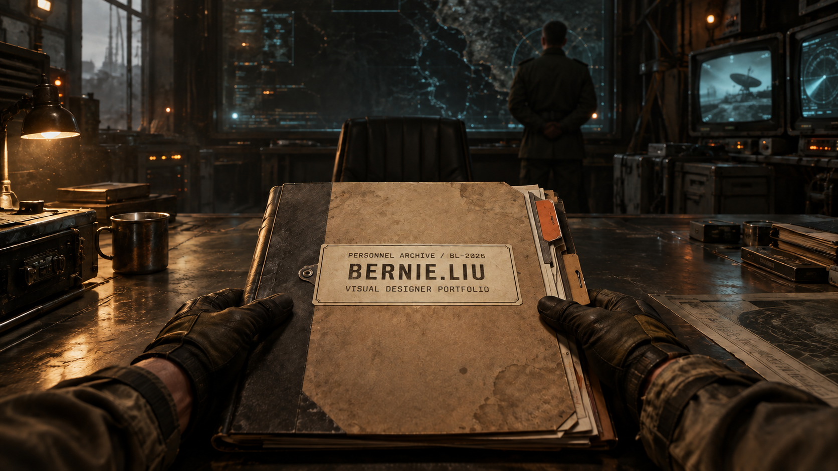 A cinematic first-person view of a labeled tactical dossier, an empty centered chair, and a commander standing at the right side of a distant screen